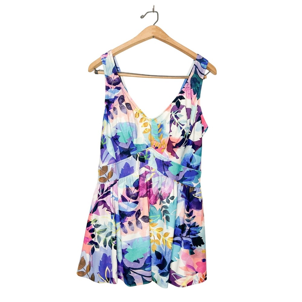 Maxine of Hollywood Womens Colorful Floral Print One Piece Swimsuit Dress 18W